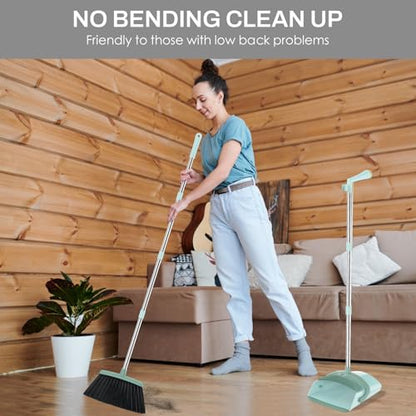 Broom and Dustpan Set for Home, 51-in Long Adjustable Handle Angle Broom and Dustpan Combo Set with Dust Pan Teeth to Clean Hair for Home Kitchen Office Lobby Floor Garden, Green - color: Green Grey