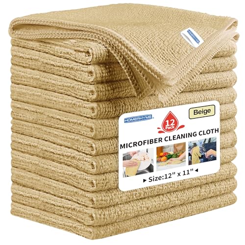 Microfiber Cleaning Cloth, 12 Pack Biege Cleaning Rags,12" X 11" Lint Free Dish Towels Wash Cloths, Reusable Microfiber Towels for Home and Kitchen Bathroom Apartment Cleaning Supplies - color: Beige, size: 12 Pack
