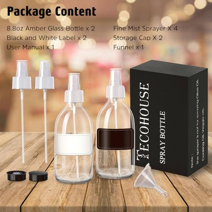 Tecohouse 2 Pack Glass Spray Bottles, 250ml Small Glass Bottles for Cleaning Solutions, Spray Bottles for Essential Oils, Plants, with Durable Nozzle, Labels, Funnel - Clear - color: 8.5 oz Clear-White Lids