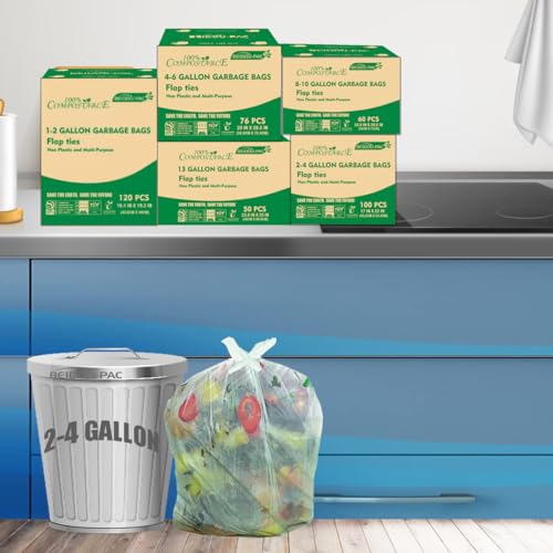 BEIDOU-PAC 3 Gallon Flap Tie Compostable Trash Bags, 100 Count Small Compost Garbage Bags, Food Scrap Waste Bags for Countertop Bin, ASTM D6400, US BPI Certified - style: Flat ties | 2-4 Gallon | 100 Count