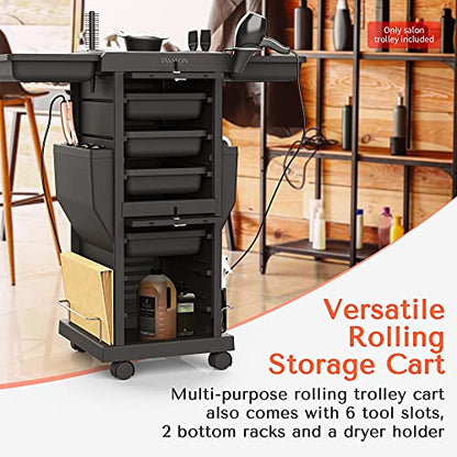 TASALON Professional Salon Trolley Cart, Lockable 6 Trays & 2 Holders, Space Saving Mobile Storage for Hair Salon and Beauty Station - Black - color: Black
