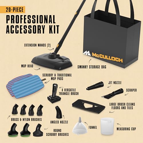 McCulloch Canister Steam Cleaner MC1375, 90 Minute Runtime, 20 Accessories, Jet Nozzle, Brushes, & More - Steam Cleaner for Home, Tile, Carpet, Furniture, & Personal Car Detailing - size: MC1375