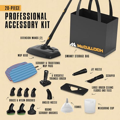McCulloch Canister Steam Cleaner MC1375, 90 Minute Runtime, 20 Accessories, Jet Nozzle, Brushes, & More - Steam Cleaner for Home, Tile, Carpet, Furniture, & Personal Car Detailing - size: MC1375