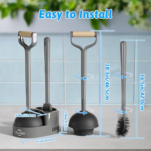 Sellemer Toilet Brush and Plunger Set, Curved Design Head Toilet Bowl Brush for Deep Cleaning, Heavy Duty Plunger for Bathroom, Grey, 2 Pack - color: Gray