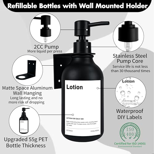 Shampoo Dispenser for Shower Wall, Shampoo and Conditioner Dispenser with 16 Waterproof Labels, Shower Dispenser 3 Chamber No Drill, Shower Soap Dispenser Wall Mounted for Bathroom, 17oz, Black - color: 2-black Bottle + Black Pump