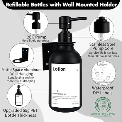Shampoo Dispenser for Shower Wall, Shampoo and Conditioner Dispenser with 16 Waterproof Labels, Shower Dispenser 3 Chamber No Drill, Shower Soap Dispenser Wall Mounted for Bathroom, 17oz, Black - color: 2-black Bottle + Black Pump