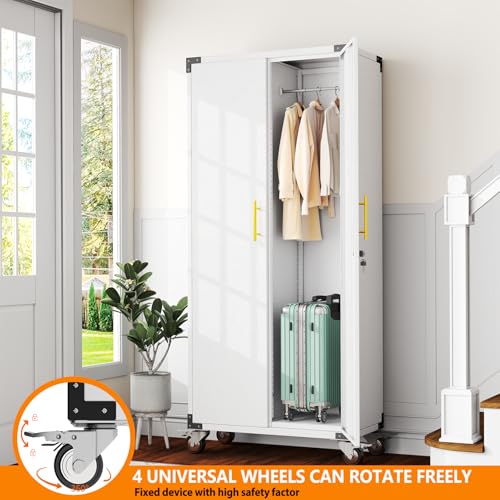 Broom Closet Storage Cabinet, Metal Cleaning Cabinets with Hanging Rod and S-Hooks, Lockable Tool Cabinets, Utility Cabinet for Garden, Bathroom, Laundry Room, White - color: White