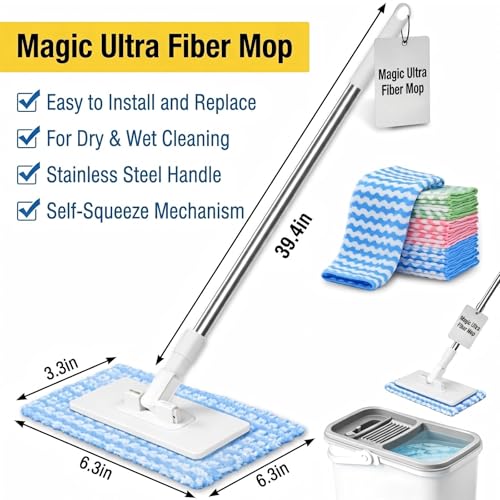 Convenient Cloth Changing Mini Mop Flat Push Design, Lazy Portable Self-Squeeze Mop Set, Wall-Mountable Durable Handle & Non-Slip Grip, Reusable Pads for Home Use with 5 Cloths Included