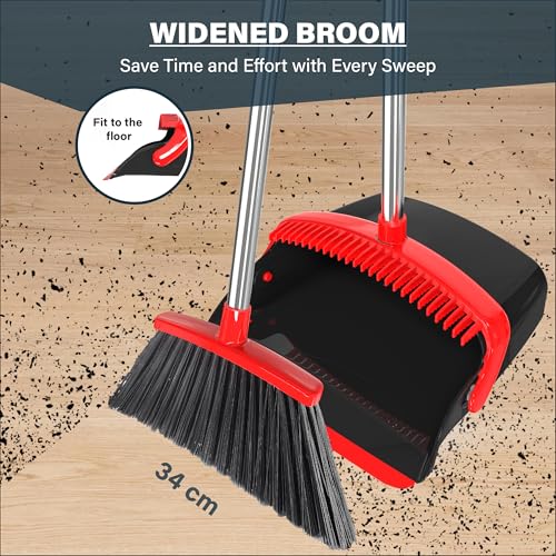 Broom and Dustpan Set 55", Long Adjustable Stainless Steel Handle, Upright, Large Size, Lightweight Broom with Dustpan Combo Set for Home Kitchen Office Lobby Indoor and Outdoor