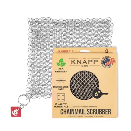 Knapp Made CM Scrubber 6" x 6" Small Ring Chainmail Cast Iron Scrubber, Premium Stainless Steel Mesh Cleaner for Pre-Seasoned Pans, Dutch Ovens, Grills and Skillets - size: 6x6 Inch (Pack of 1)