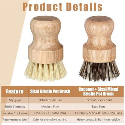 Nuenen 6 Packs Bamboo Dish Scrub Brushes Wooden Scrubbers Set Kitchen Dishwashing Scrubber with Natural Sisal Bristles for Iron Pot Pan Sink (Sisal and Coconut Palm) - size: Sisal and Coconut Palm