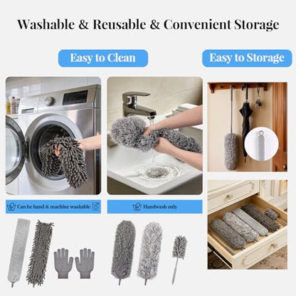 Microfiber Feather Duster Kit with Extension Pole, 7 PCS Washable Reusable Duster for Cleaning, 100'' Bendable Extendable Long Duster with Stainless Steel Pole for High Ceilings, Fans, Furniture & Car - size: 7PCS: Gap Brush & Chenille Duster & Gloves Set