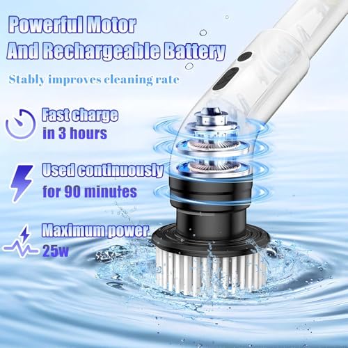 Electric Spin Scrubber, Cordless Bathroom Scrubber Brush with 9 Replaceable Heads,3-Speed Electric Scrubber with Adjustable Handle,IPX7 Shower Scrubber for Bathroom Tile,Kitchen Countertop,Car Trunk