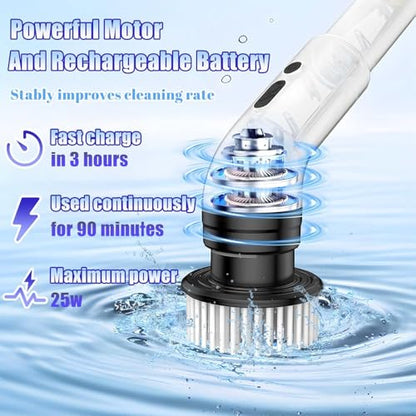 Electric Spin Scrubber, Cordless Bathroom Scrubber Brush with 9 Replaceable Heads,3-Speed Electric Scrubber with Adjustable Handle,IPX7 Shower Scrubber for Bathroom Tile,Kitchen Countertop,Car Trunk