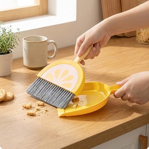 Small Broom and Dustpan Set, Household Dustpan and Brush Set with Ultra Thin Flat Bristles Leak‑Proof Dustpan for Home Cleaning, Tabletop Debris, Keyboards&Clean Pet Cages (Lemon)