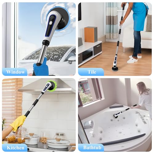 Electric Spin Scrubber,IPX7 Waterproof Cordless Cleaning Brush, Bathroom Scrubber with Adjustable Handle and 9 Replaceable Brush Heads,3-speeds,Electric Rotary Scrubber for Bathroom,Tub,Tile