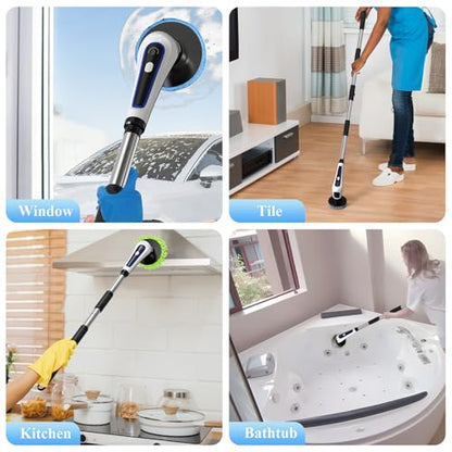 Electric Spin Scrubber,IPX7 Waterproof Cordless Cleaning Brush, Bathroom Scrubber with Adjustable Handle and 9 Replaceable Brush Heads,3-speeds,Electric Rotary Scrubber for Bathroom,Tub,Tile
