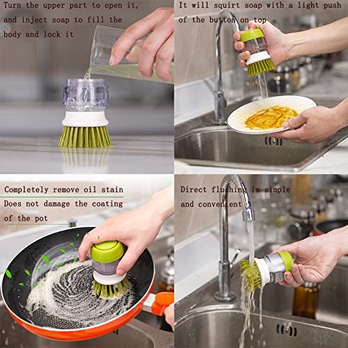 Dish Brush with Soap Dispenser, Dishwashing Kitchen Scrub Brushes Dish Scrubber with Holder Drip Tray, for Cleaning Pan, Pot, Sink(Grey) - color: Gray