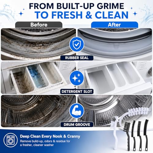 Washing Dryer Machine Rubber Seal Cleaning Brush Kits, Front Load Washer Cleaner Tools-1 PC Drum Slot Clean Brush & 5 PCS Crevice Cleaning Brushes for Bathroom, Shower & Kitchen Sink Household