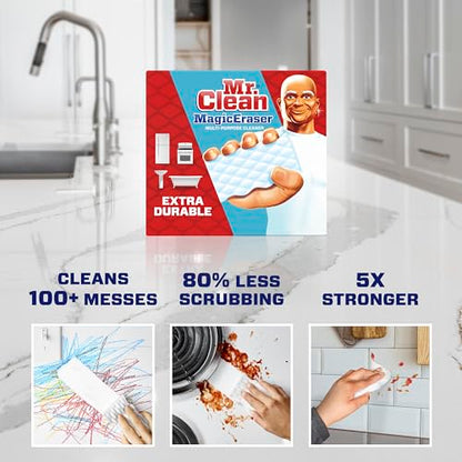 Mr. Clean Magic Eraser Sponge, All Purpose Cleaner, Cleaning Scrubber, Wall, Sneaker, Kitchen, Bathroom, Shower, Melamine Sponge, Pads, Extra Durable, 10ct