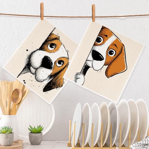2 Pcs Cartoon Peeking Beagle Dog Swedish Dishcloths for Kitchen, Absorbent Reusable Paper Towels, Cute Puppy Geometry Kitchen Towels for Bathroom Home, Dog Lover Gifts for Women Mom - color: Sz 0764