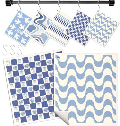 Miss Adola Swedish Dishcloths for Kitchen with Hooks - Reusable Dish Cloths for Washing Dishes Fast Drying Cute Fun 5 Pack Swedish Dish Towels Washable Cleaning Sponge, Blue Geometrical - color: Blue White Geometrical