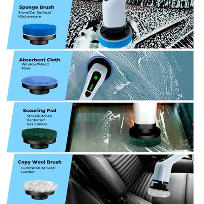 Electric Spin Scrubber with Digital Display, Cordless Cleaning Brush, 3000mAh Battery (90 Min), 8 Replaceable Brush Heads, Adjustable Extension Handle, Dual Speed Power Scrubber for Tub, Tile & Floor