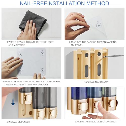 Shower Soap Dispenser Wall Mounted Shampoo and Conditioner Dispenser No Drill 3 Chamber Large Capacity for Bathroom Hotel, Gold - color: Gold