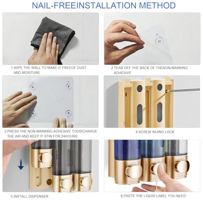 Shower Soap Dispenser Wall Mounted Shampoo and Conditioner Dispenser No Drill 3 Chamber Large Capacity for Bathroom Hotel, Gold - color: Gold