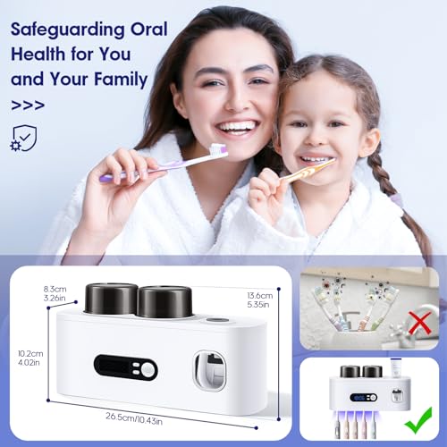 Toothbrush Sterilizer Holders,Smart Drying and Cleaning Wall Mounted Holder with Automatic Toothpaste Dispenser, 5 Brush Slots 2 Cups for Bathroom (White) - color: White