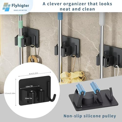 8 Pack Stainless Steel Mop Clips – Heavy Duty Wall Mounted Broom Holders, Rustproof & Tool-Free Install with Back Adhesive or Glue for Home and Garage - color: BLACK-8PCS