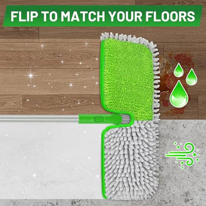 2-Sided Microfiber Dust Mop for Hardwood Floors & Walls | Flat Flip Head, Wet Dry Use, 3 Chenille & Microfiber Pads, 58" Handle, 360° Swivel, Sweep Pet Hair, Tile, Laminate, Kitchen - size: 15" Mop-G