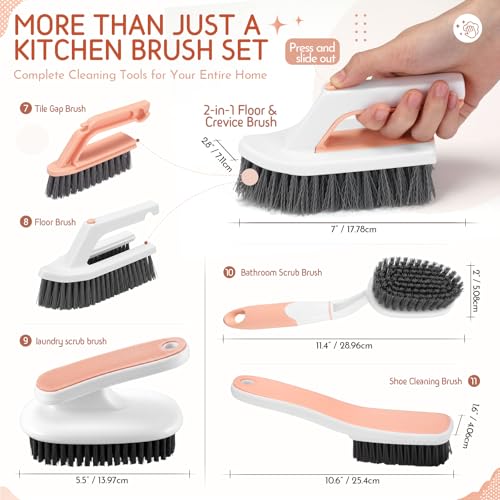 10 Pack Dish Brush Set for Household Use Kitchen Scrub Brushes with Non-Slip Long Handle Multi-Purpose Cleaning Brushes for Dishes Pot Pan Kitchen Sink Tub Cup Clothes Shoes Floor (Pink) - color: Pink
