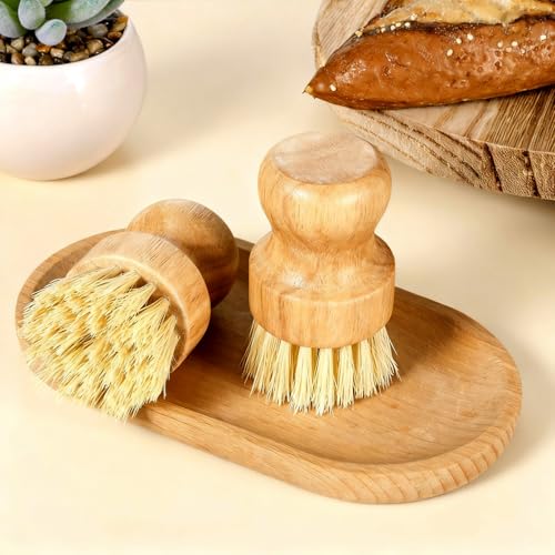 12 Packs Bamboo Dish Scrub Brush Wooden Washing Scrubbers with Sisal Bristles Kitchen Palm Pot Brush Round Mini Dish Brushes for Household Iron Pot Pan Sink Sink Vegetables Cleaning - color: Yellow