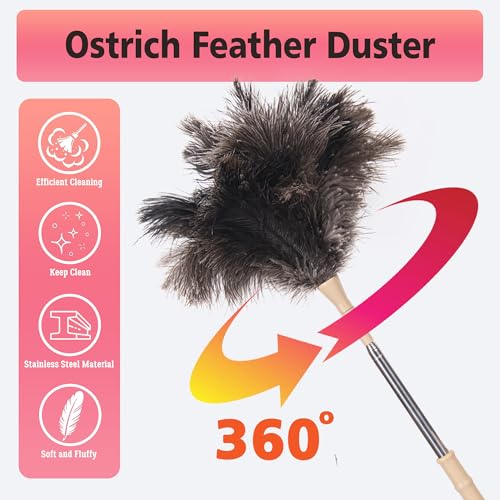 Extendable Ostrich Feather Duster, Natural Ostrich Feathers Long Handle Duster for Cleaning, 47” Soft & Fluffy Feather Duster for High Ceilings, Fans, Walls, Furniture, Home Dusting - color: Ivory B1