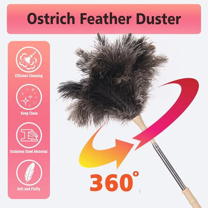 Extendable Ostrich Feather Duster, Natural Ostrich Feathers Long Handle Duster for Cleaning, 47” Soft & Fluffy Feather Duster for High Ceilings, Fans, Walls, Furniture, Home Dusting - color: Ivory B1