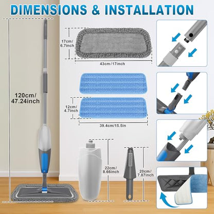 BPAWA Spray Mops for Floor Cleaning - Microfiber Wet Dry Dust Mop for Hardwood Laminate Wood Tile Vinyl Floors with 3 Washable Pads fit for Swiffer PowerMop