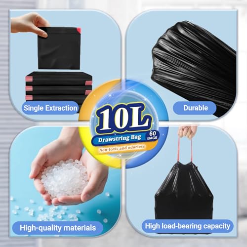 XUXRUS 2.6 Gallon Small Black Bathroom Trash Bags, 60 Count Folded Drawstring Small Garbage Bags, Tear-Resistant & Leak-Proof, Odor Control Liners for Bathroom, Office – Heavy Duty Trash Bags - style: 2.6 GAL-Black-60Counts