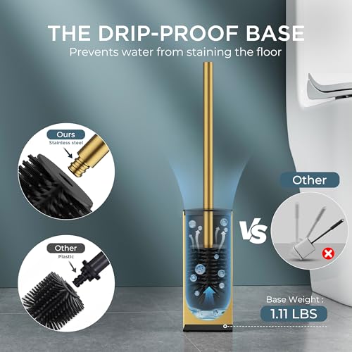 FORIOUS Toilet Brush and Holder Set, SUS304 Stainless Steel Square Base, Extended Long Handle, Drip-Proof & Space Saving, 2 Replaceable Brush Heads, Plastic & Silicone Dual Brush Head, Drak Gold - color: Brushed Gold
