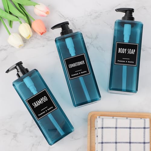 Segbeauty 33.8oz Plastic Pump Bottle Set for Bathroom Shampoo and Conditioner, 3pcs Large Hand Soap Dispenser with Pump, Blue Empty Body Lotion Liquid Container with Labels, 1000ml Refillable Bottles - color: Blue, style: 3pcs