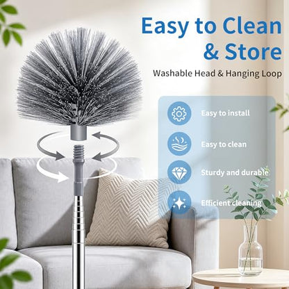 Cobweb Duster with Extension Pole, Upgraded Heavy Duty Thickened Stainless Steel Telescopic Handle for High Ceilings & Ceiling Fans, 90" Total Reach (15.7" Compact), Medium Stiff Bristles (Grey) - color: Gray