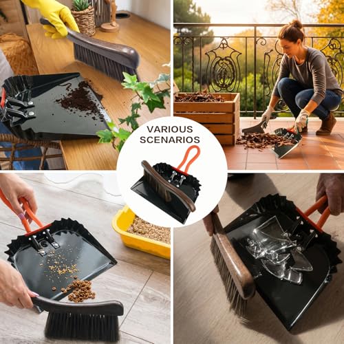 12 Inch Metal Dustpan and Brush Set,Steel Dust Pan Brush Set with PVC Handle and Wood Broom for Indoor/Outdoor, Ashes, Glass, Pet Food - Industrial & Commercial Use
