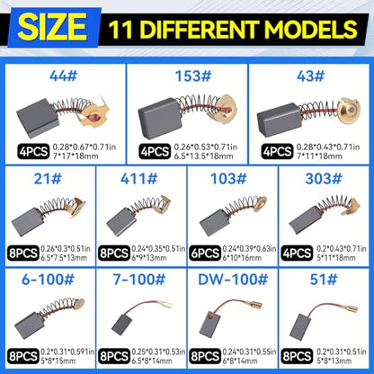 70PCS Electric Motor Carbon Brushes Set, 11 Assorted Sizes, Thicker Copper Wire, Premium Graphite Replacement for Power Tools, Drills, Grinders, Vacuum Motors Repair Kit