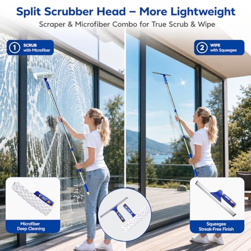 ITTAR Window Squeegee with 2 Sets Separate Pole, 12" Rubber Squeegee and 11" Microfiber Pads, 60"-73.6" Telescopic Window Cleaning Kit with Rotating Head for High Windows, Shower Glass, Car Windshield