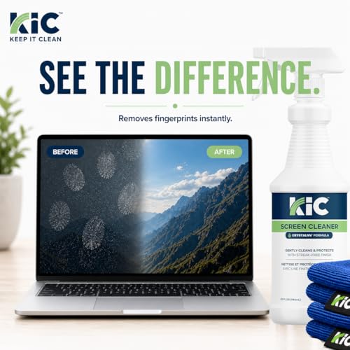 KIC CrystalVu Screen Cleaner Spray Kit with Microfiber Cleaning Cloth – Streak-Free for TV, Phone, Laptop, Monitor & Tablet – NSF Certified Safe Formula – 2 Reusable Microfiber Towels - 32oz - size: 32oz
