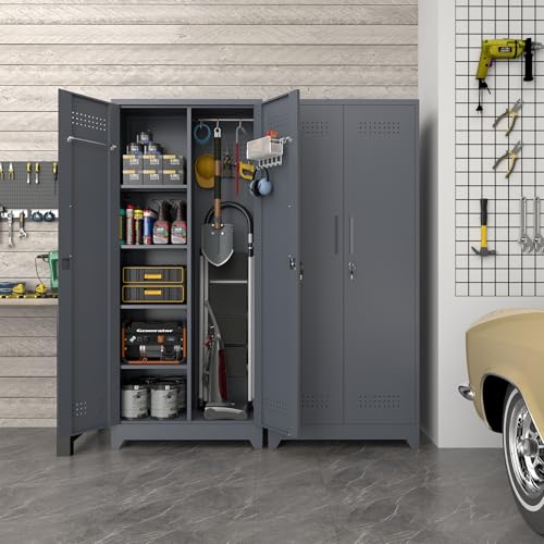 Metal Tool Storage Cabinet, Broom Closet with Hooks, 72.8" Tall Garage Cabinet with Shelves, Heavy-Duty Cleaning Storage for Utility Room, Gym, Office, Garage - color: 73"h-broom Cabinet / Grey