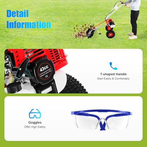 43CC 2 Stroke Power Broom Sweeper Cordless, 1.7HP Handheld Gas Power Held Sweeper Broom Grass Walk Behind Hand Lawn Sweeper with Wheels, Outdoor Turf Lawn Sweepers for Yard, Lawn, Driveway, Snow
