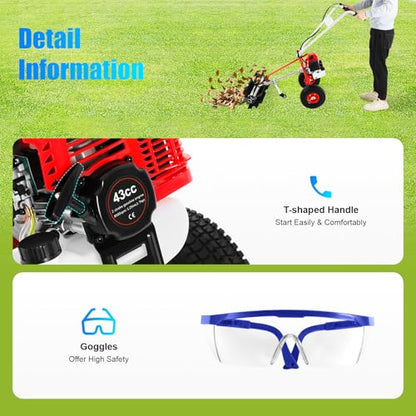 43CC 2 Stroke Power Broom Sweeper Cordless, 1.7HP Handheld Gas Power Held Sweeper Broom Grass Walk Behind Hand Lawn Sweeper with Wheels, Outdoor Turf Lawn Sweepers for Yard, Lawn, Driveway, Snow