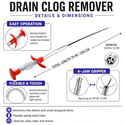 Drain Snake Clog Remover Kit, 16.4Ft / 5M Drain Auger Cable with Auto Feed Tool & Drill Adapter,79 Inch / 2M Grabber Claw, Hair Drain Cleaner for Sink Shower Tub Gutter Downspout