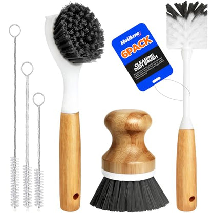 Holikme 6 Pack Dish Brush Scouring Pad Set with Bottle Brush, Dish Brush, Palm Scrub Brush and Straw Brush, Dish Scrubber Long Handle for Dish Bottle Cup Skillet Wok Pot Pan Cast Iron, Dark Gray - color: Dark Gray